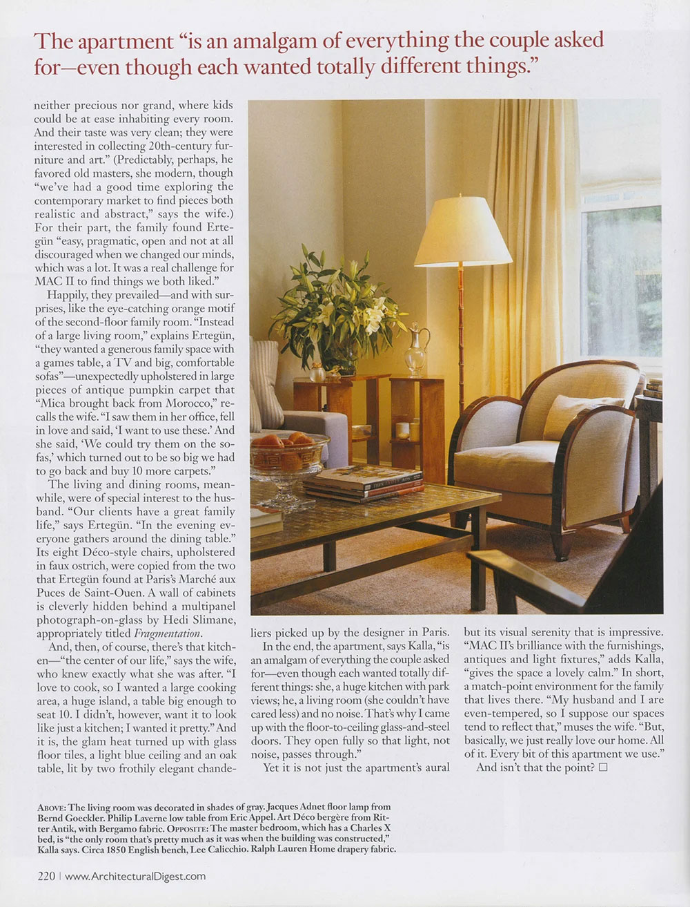 Magazine page featuring CNR Group luxury home builders project interior: Cozy living room corner with a beige armchair, wooden coffee table, side tables with a glass pitcher and flowers, floor lamp, and large window with light curtains.
