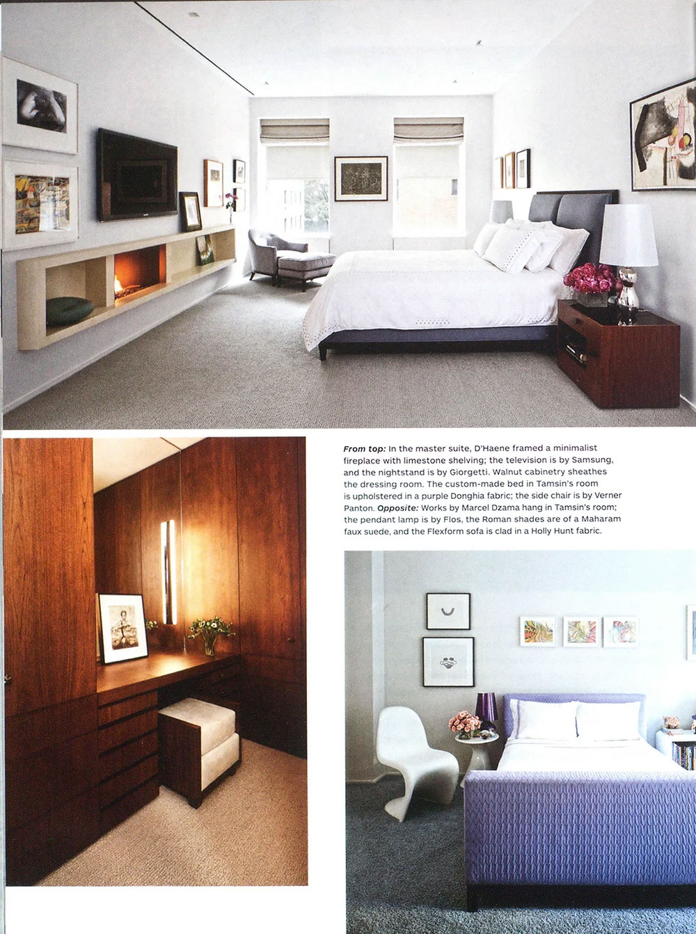 Three modern CNR Group luxury home bedrooms: a white master suite with floating limestone fireplace and Samsung TV; a wooden dressing room with stool and framed photo; a purple-upholstered bed with white pillows, white chair, and colorful art on the wall.
