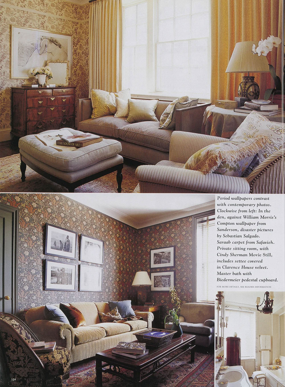 CNR Group luxury home interior: two sitting rooms with vintage floral wallpaper, upholstered sofas, framed photos, area rugs, and wooden furniture; a small bathroom with white fixtures is visible in an inset.