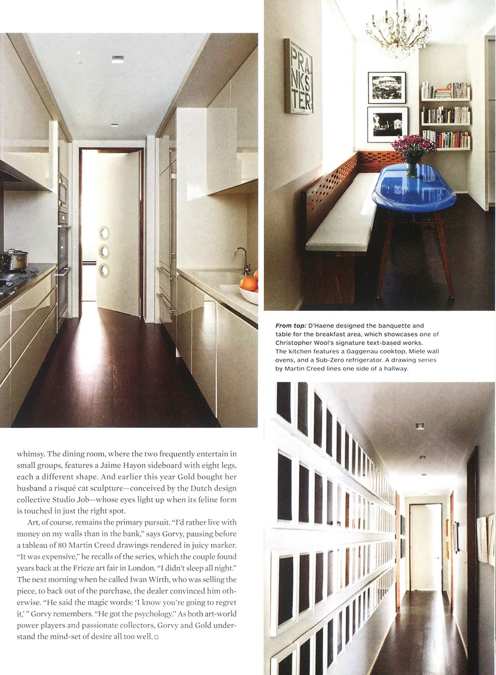 CNR Group luxury home interiors: modern kitchen with beige cabinets and dark floor on left, breakfast nook with blue table and bench on top right, and hallway lined with framed artworks on bottom right.
