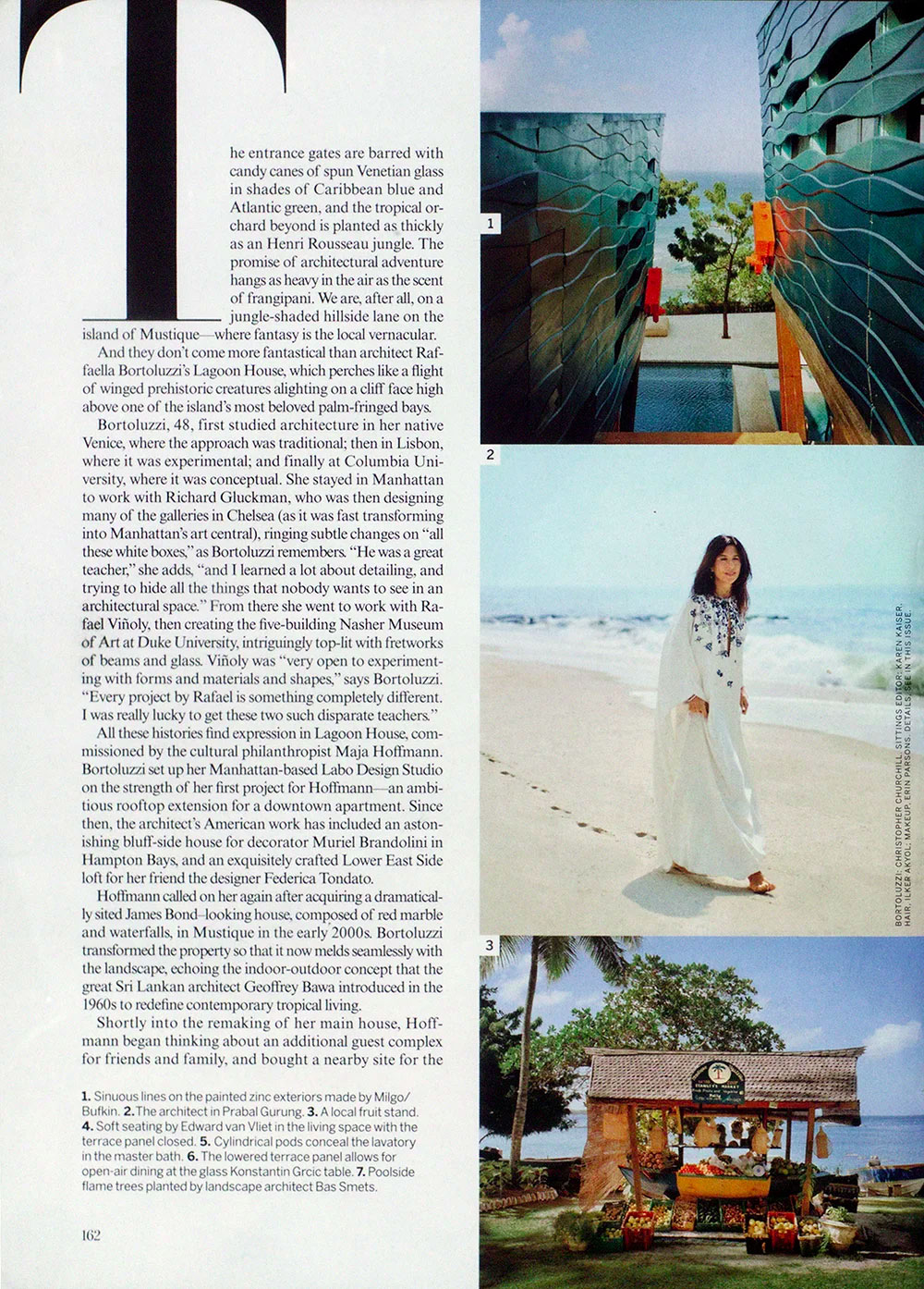 Page in a magazine featuring CNR Group luxury homes. The page shows text on the left and three images on the right: architectural exteriors with wavy patterns, a woman walking barefoot on a sandy beach in a white dress, and a local fruit stand with tropical trees behind it.