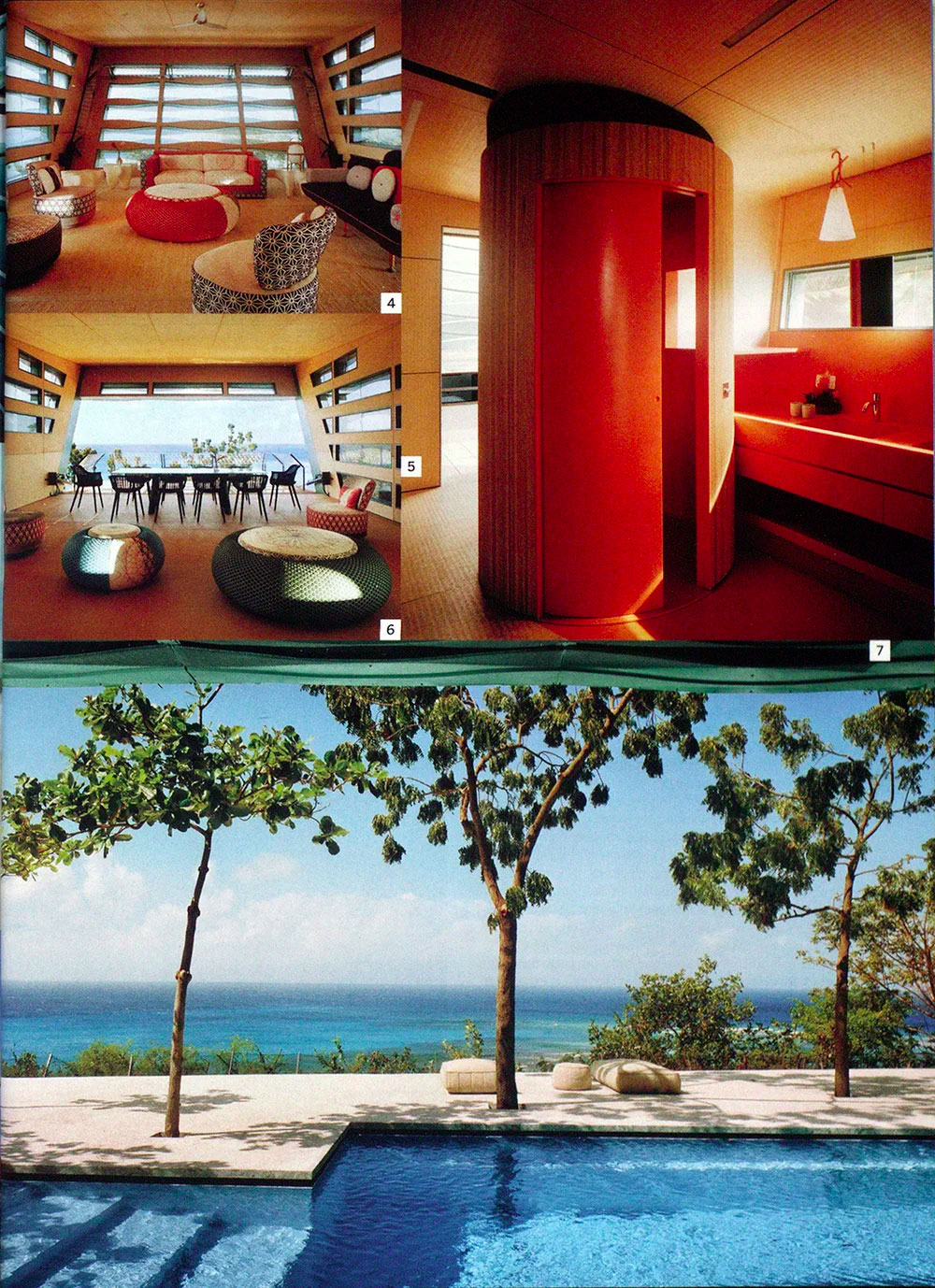 Collage of modern interior and exterior spaces including a lounge with patterned chairs, a dining area with ocean view, a red cylindrical shower room, and a poolside with trees overlooking the sea in a magazine showcasing CNR Group luxury home builders.