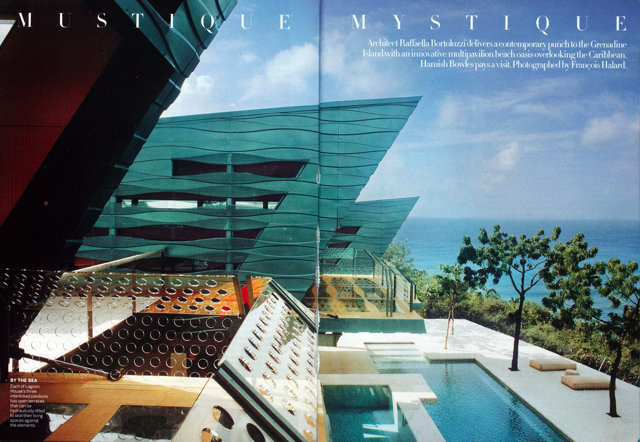 A CNR Group luxury home pictured in a magazine interior showing modern multipavilion beach house in Grenadine Island overlooking the Caribbean Sea with a pool and trees.