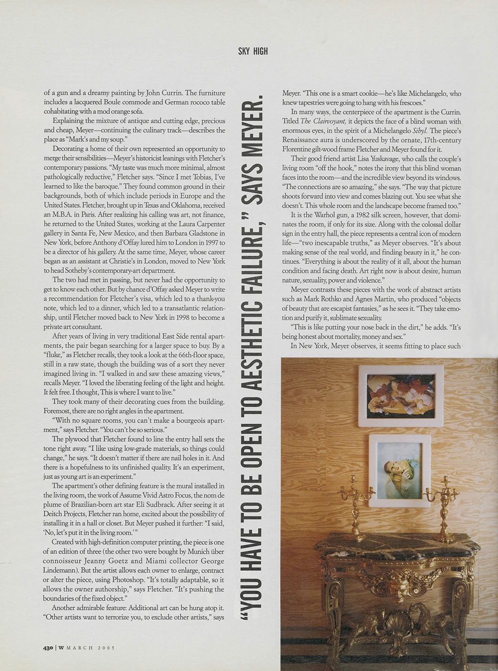Magazine page titled 'Sky High' with text about interior design and art, featuring photo of ornate table with two framed paintings mounted above on a wooden wall: the interior of a CNR Group luxury home.