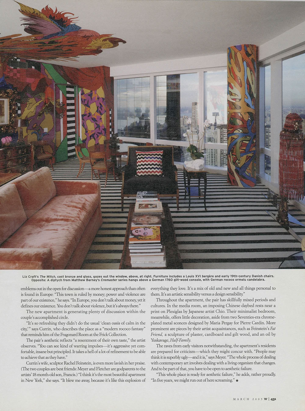 Bright living room in a CNR Group NYC luxury home with bold striped black and white floor, colorful abstract murals on walls and ceiling, floor-to-ceiling windows with city view, orange velvet sofa, black armchair with patterned pillow, and a coffee table stacked with books including an image of Marilyn Monroe.