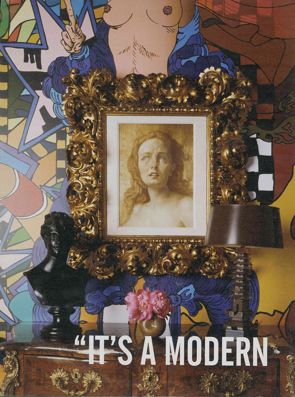 Interior wall of a CNR Group NYC luxury home with colorful graffiti, a large ornate gold frame holding a classical portrait of a woman, a black bust sculpture, a lamp, and pink flowers on a wooden cabinet.