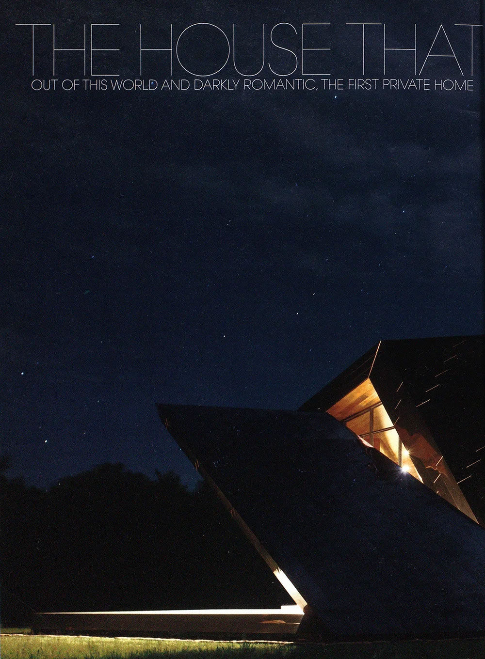 Magazine cover featuring CNR Group luxury home construction: a modern angular house illuminated at night with dark sky and stars in the background.