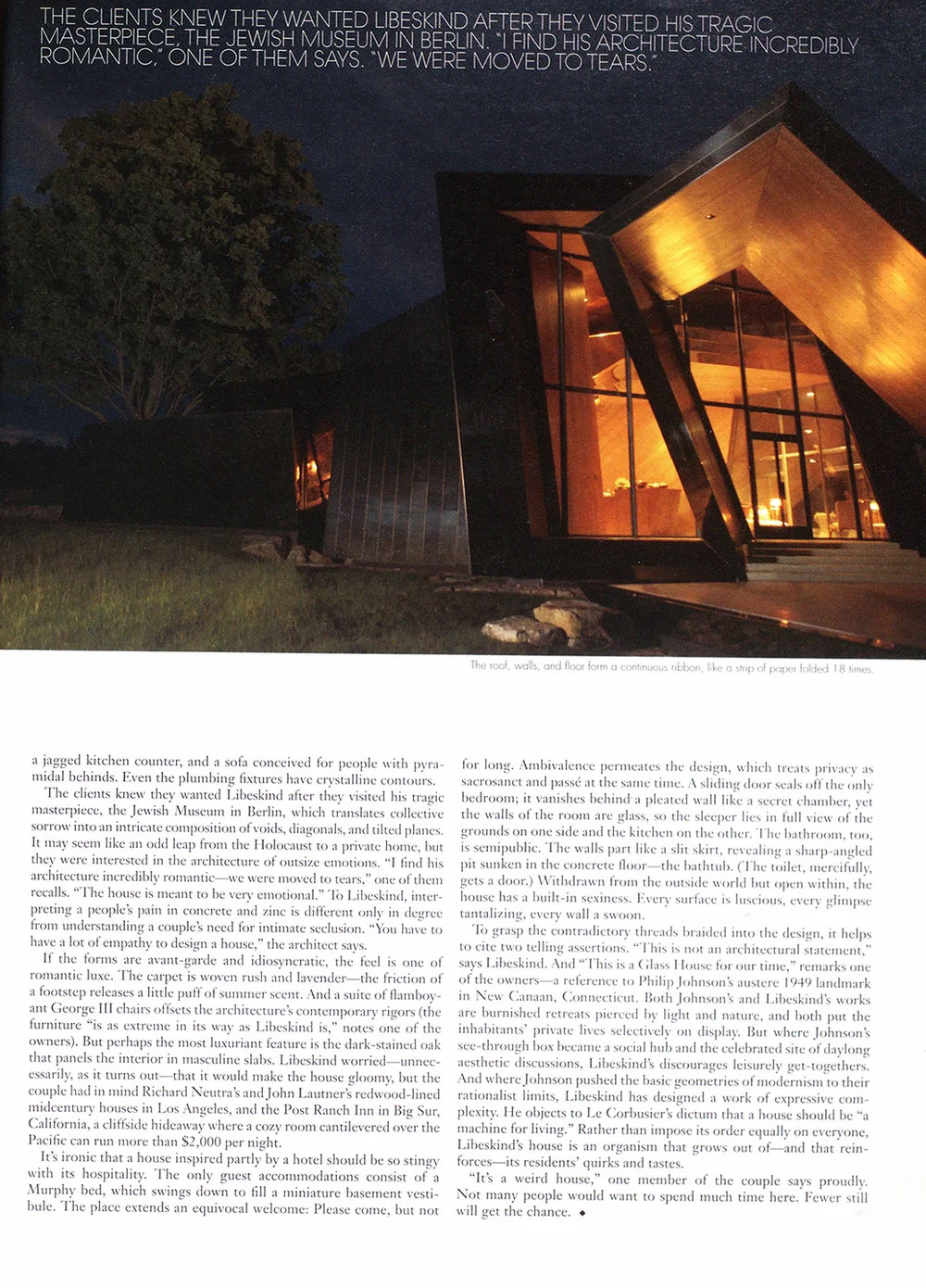 Magazine article page featuring a CNR Group luxury home construction project: a modern angular house at night with illuminated interior and large glass windows, next to a large tree.