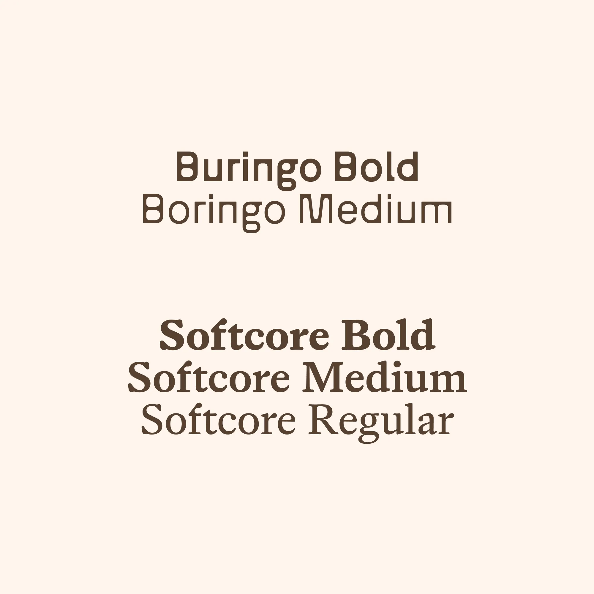 Schriftbeispiele der Fonts Buringo Bold, Boringo Medium sowie Softcore Bold, Softcore Medium und Softcore Regular auf beigem Hintergrund.