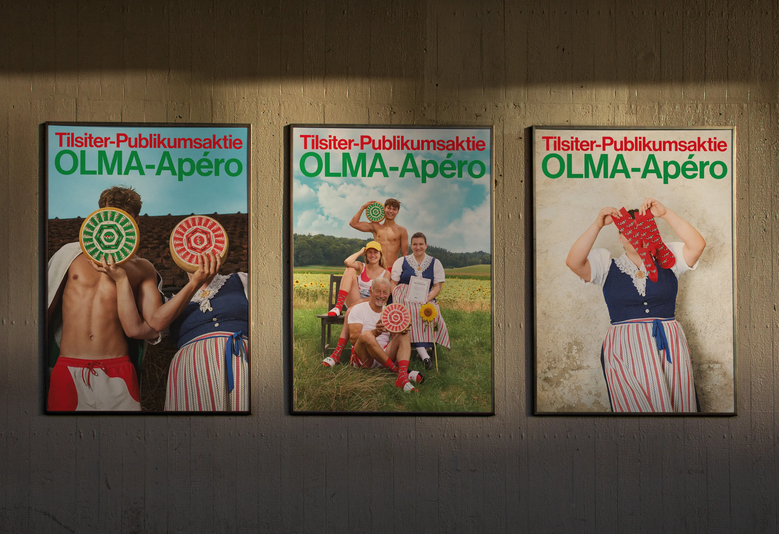 Drei Plakate zur Bewerbung des Tilsiter-Publikumsaktien-Apéros mit unterschiedlichen Bildmotiven.