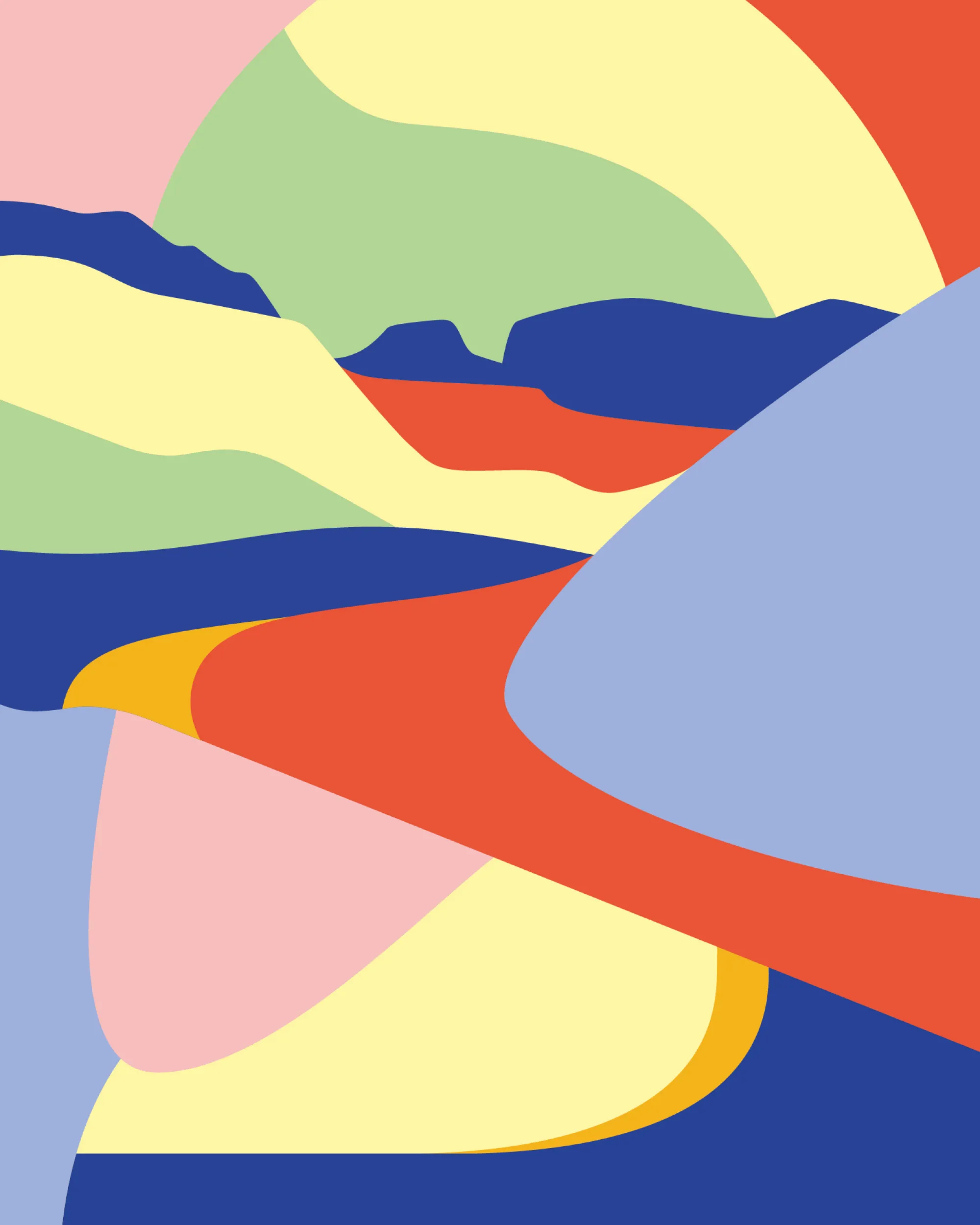 Abstrakte, farbenfrohe Landschaftsillustration in Blau, Grün, Gelb und Rosé als Gestaltungselement von Zom Gwafför. Ilustration symbolisiert das Schwendetal.