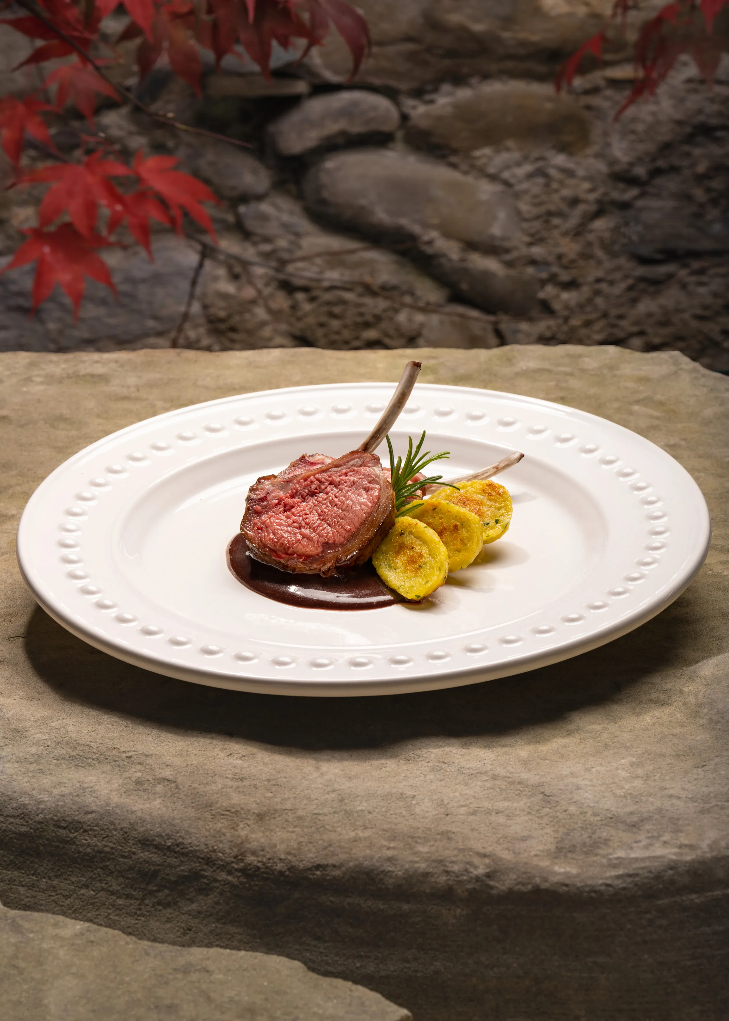 Lammrack rosa gebraten auf weißem Teller, serviert mit goldbraun angebratenen Ricotta-Gnocchi und Rosmarinzweig, angerichtet auf dunklem Jus vor steinigem Naturhintergrund mit roten Blättern.