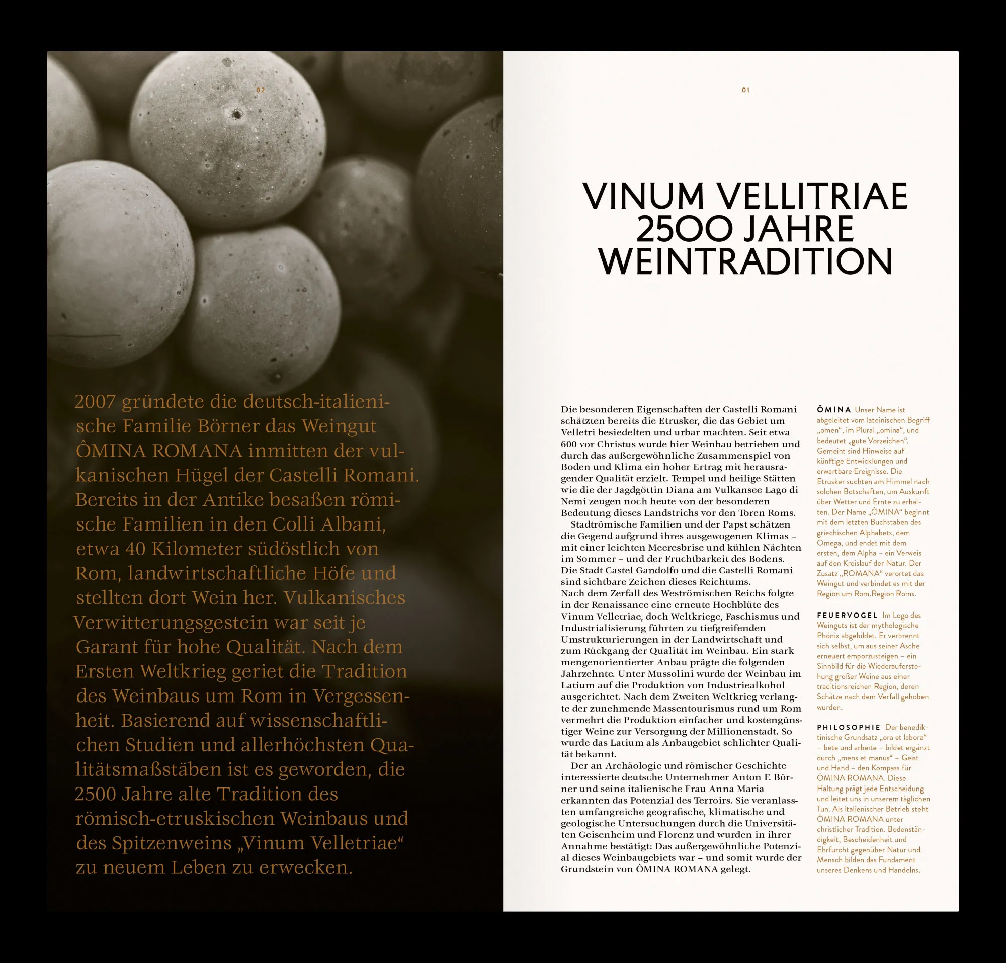 Doppelseite der ÔMINA-ROMANA-Broschüre über das Weingut, die Familie Börner und die 2500-jährige Weintradition von Velletri.