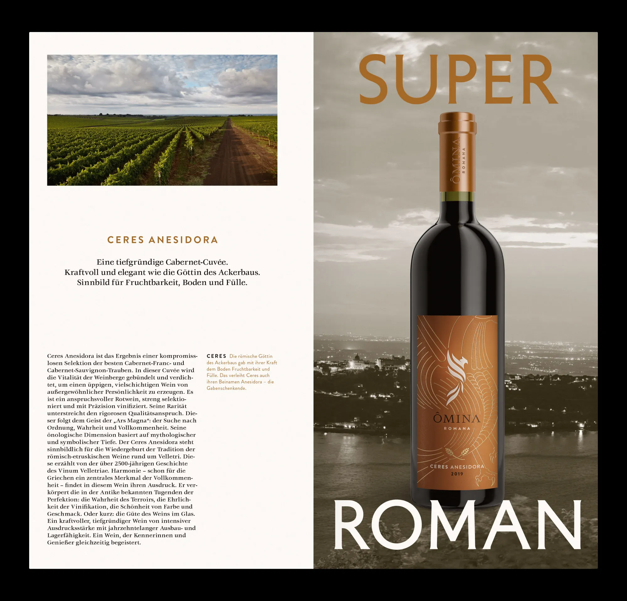 Doppelseite der ÔMINA-ROMANA-Broschüre mit Informationen zum Wein Ceres Anesidora und einer grossen Flascheninszenierung vor römischer Landschaft.