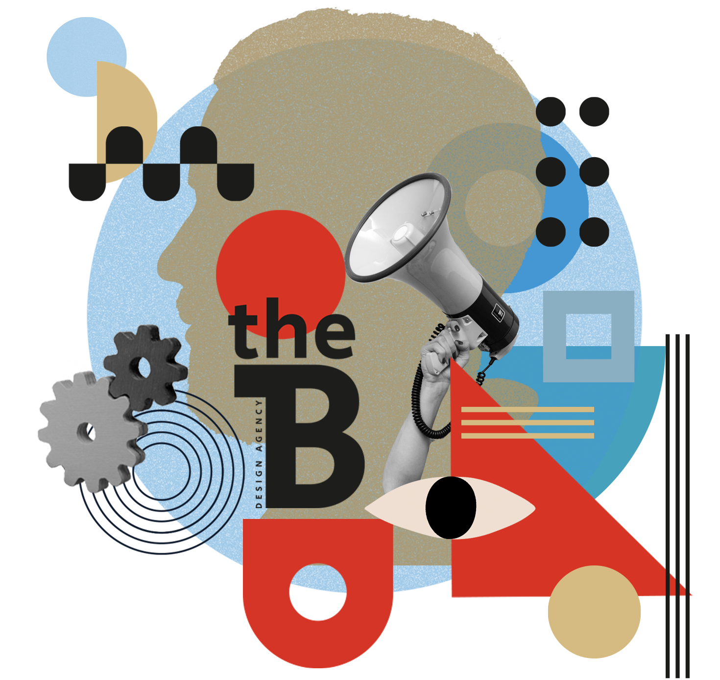 Abstract design featuring a large human profile silhouette, a hand holding a megaphone, gears, an eye, and bold text reading 'the B'.