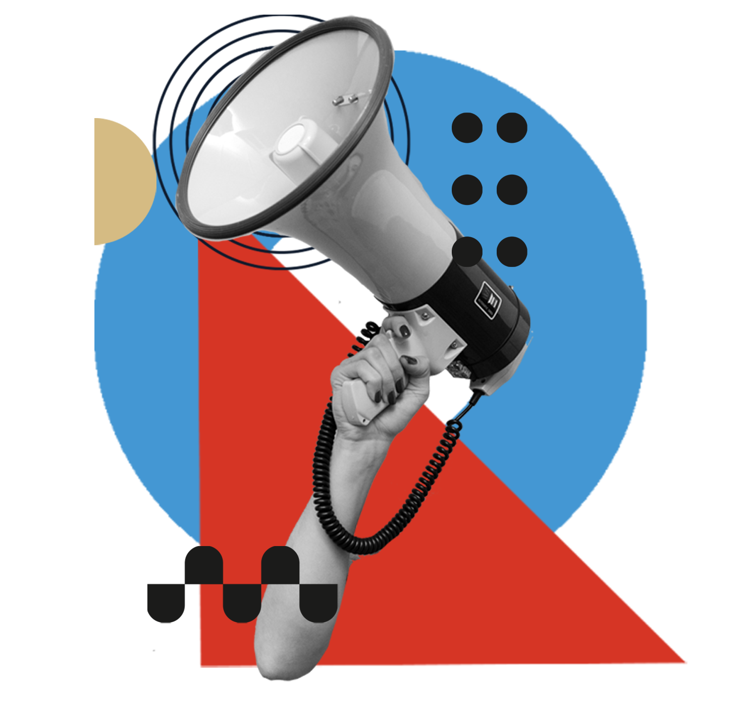 Hand holding a megaphone against a background of blue, red, and beige abstract shapes.