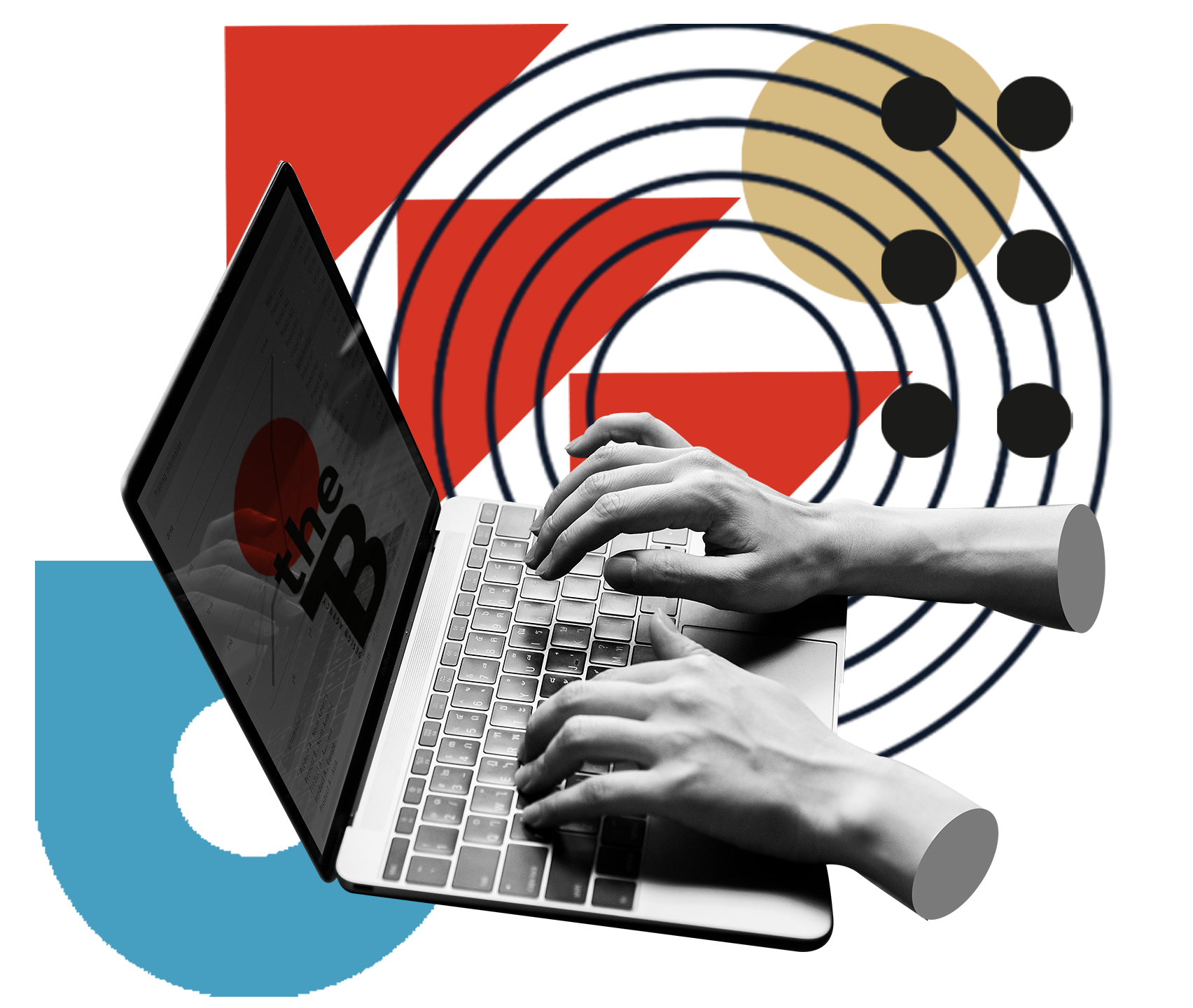 Hands typing on a laptop keyboard with abstract red, blue, and beige graphic elements in the background.