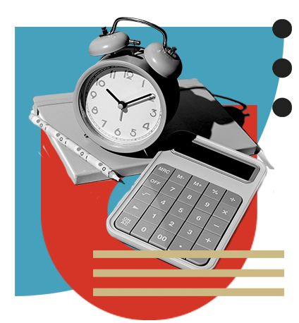 Gray alarm clock, calculator, and notebooks with a pencil on a multicolored abstract background.