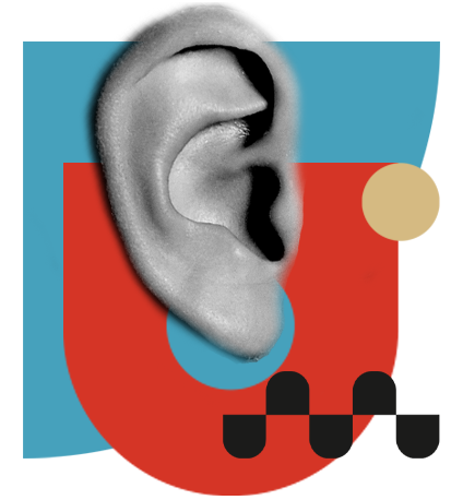 Black and white ear illustration overlaid on abstract colored shapes in blue, red, black, and beige.