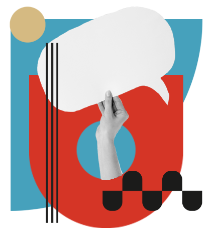 A hand holding a white speech bubble cutout against a colorful abstract background with teal, red, black, and tan shapes.