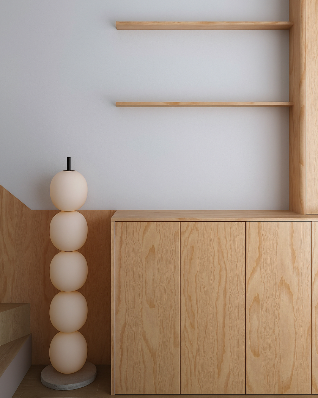 A photo of high quality oak wood built-in shelves.