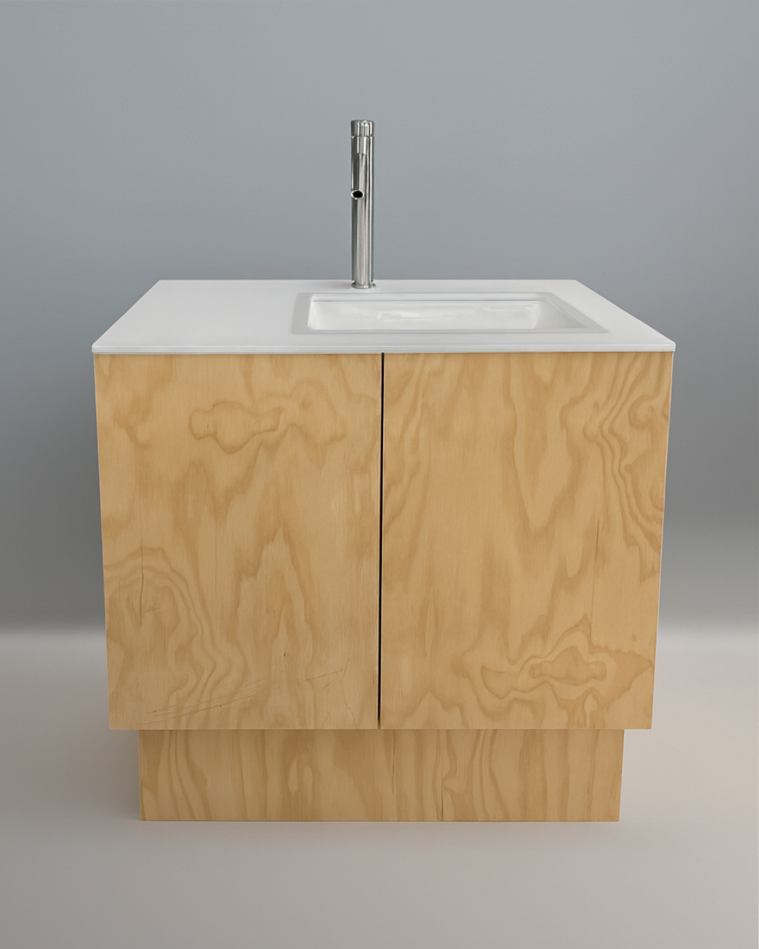 A photo of a modern custom plywood vanity.