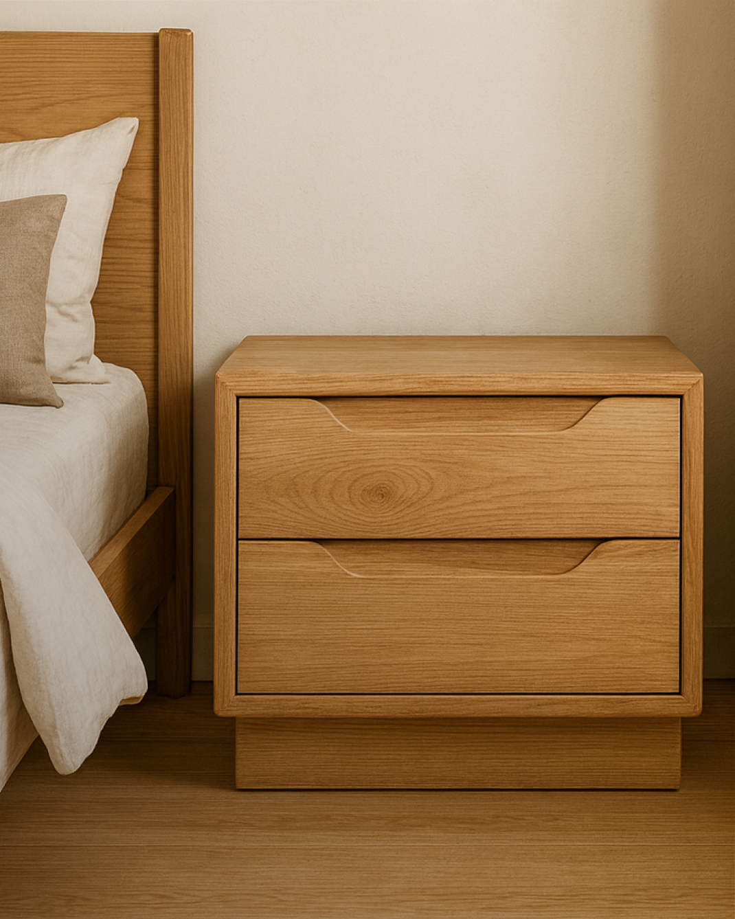 A photo of a custom design bedroom set made of high quality oak wood.