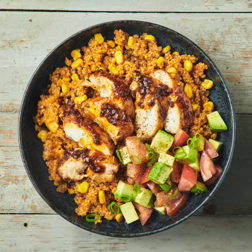 A bowl filled with chicken, corn, and diced tomatoes.