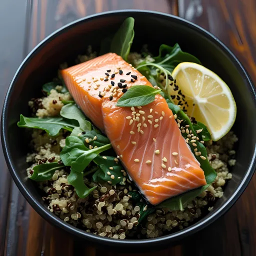 A bowl of salmon and quinoa salad garnished with a lemon wedge.
