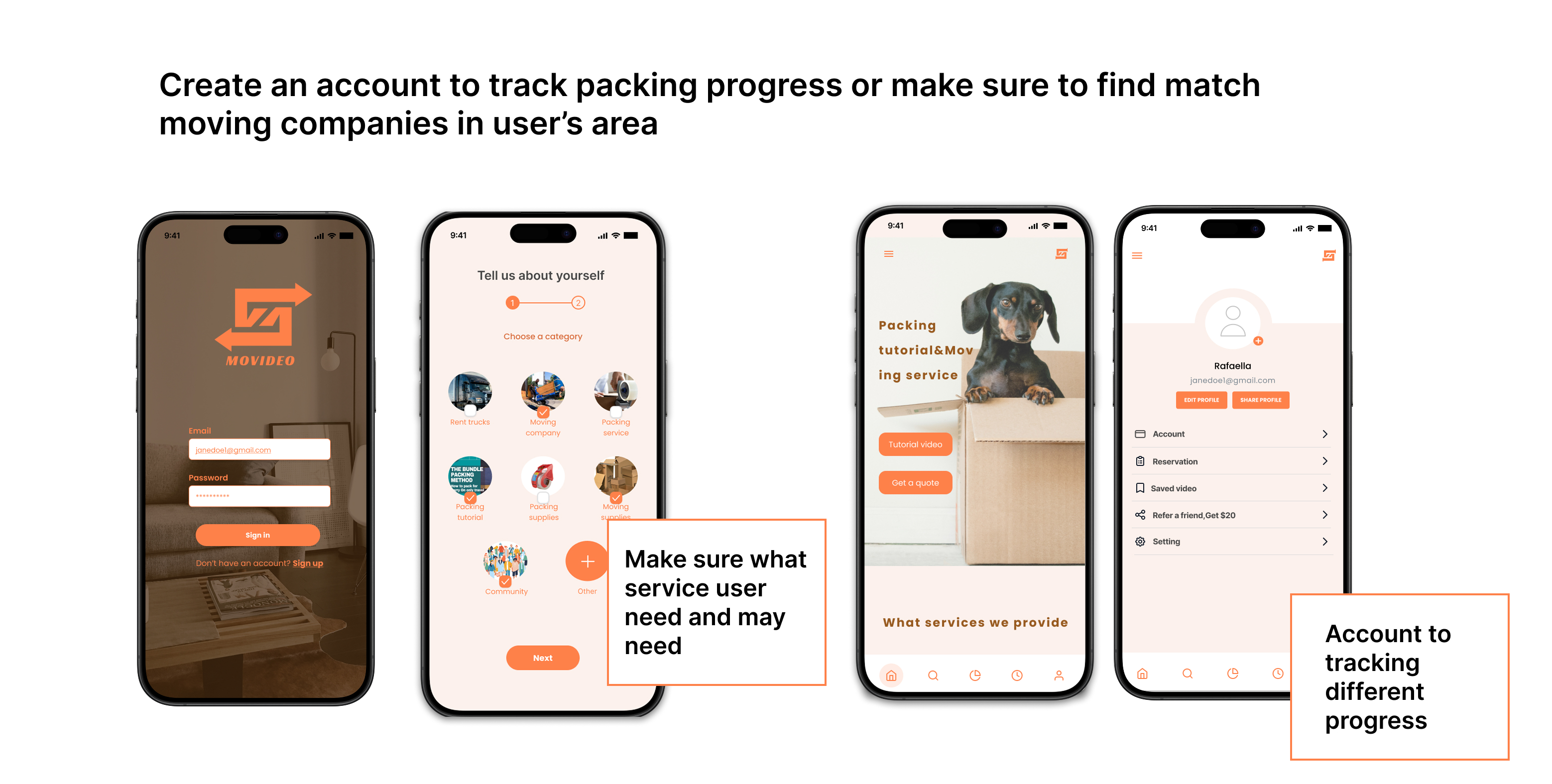 Movideo create account outcome screens