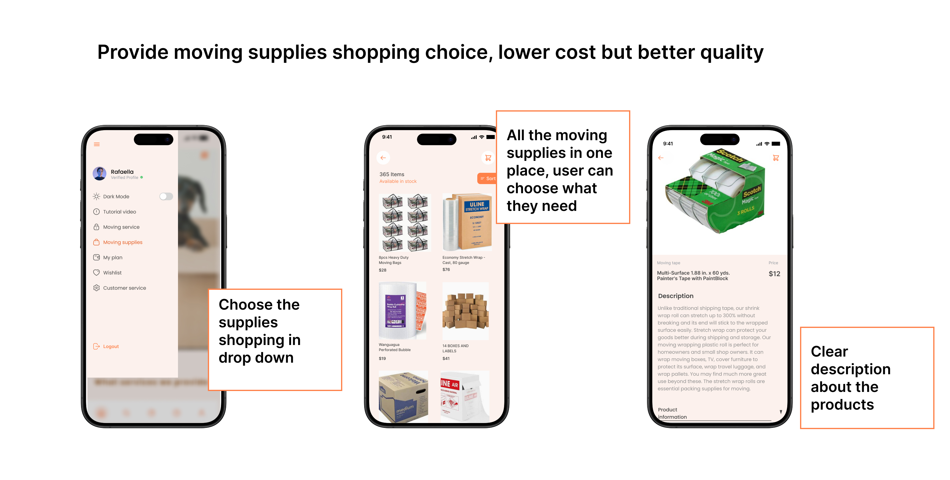 Movideo moving supplies shopping outcome screens