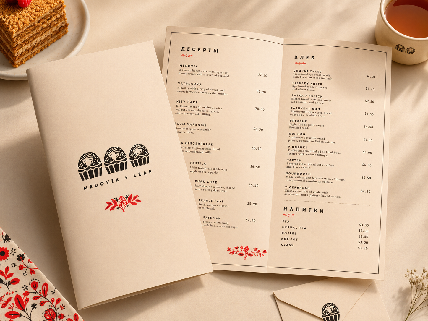 Medovik + Leaf menu mockup