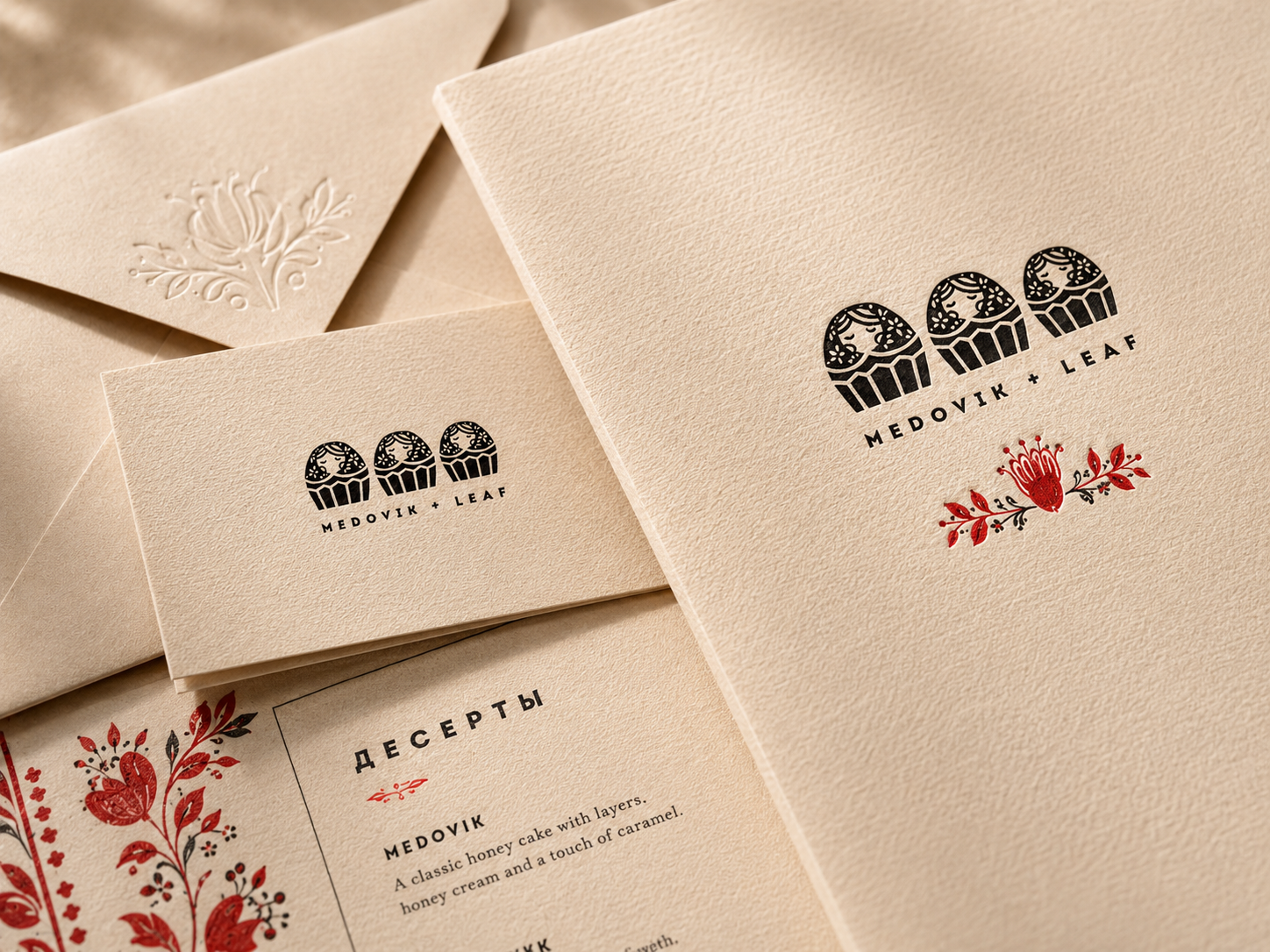 Medovik + Leaf logo paper mockup