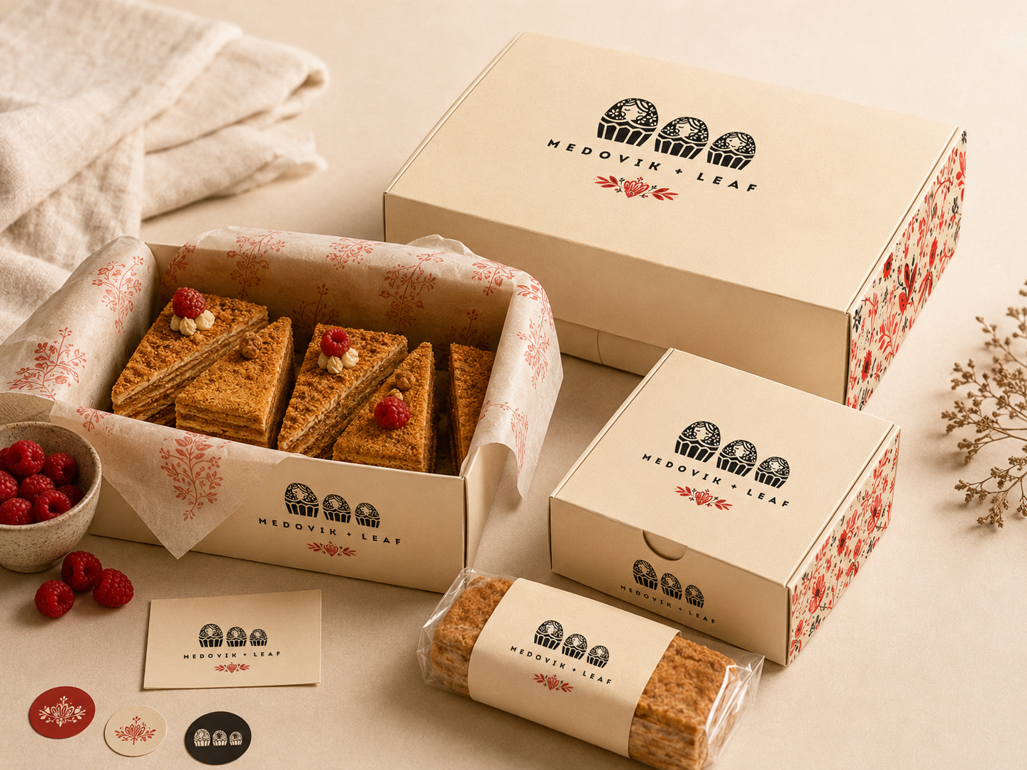 Medovik + Leaf pastry packaging mockup