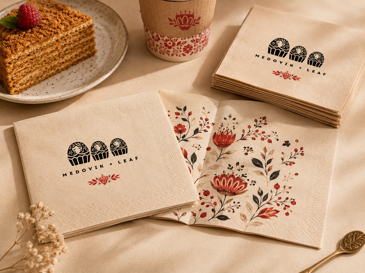 Medovik + Leaf paper napkin mockup