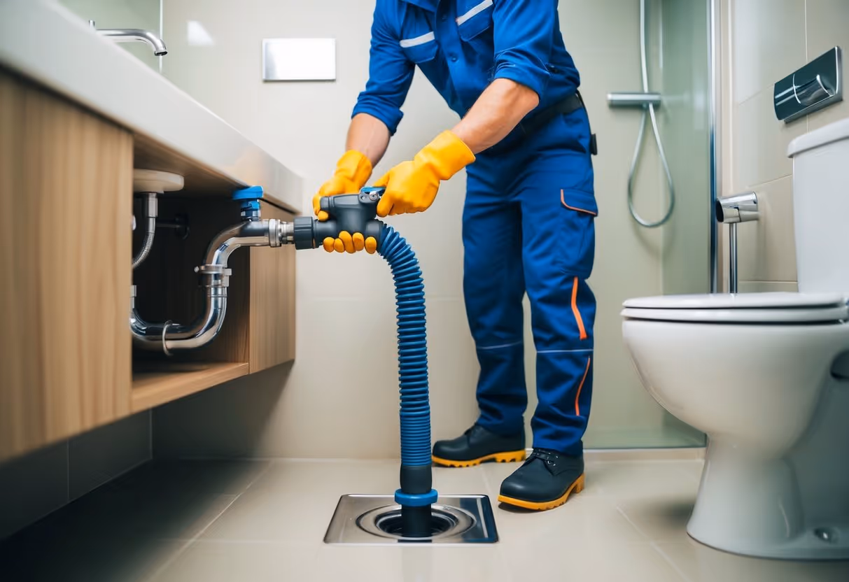 Um encanador profissional usando equipamentos especializados para desentupir um ralo entupido em um banheiro moderno em Curitiba