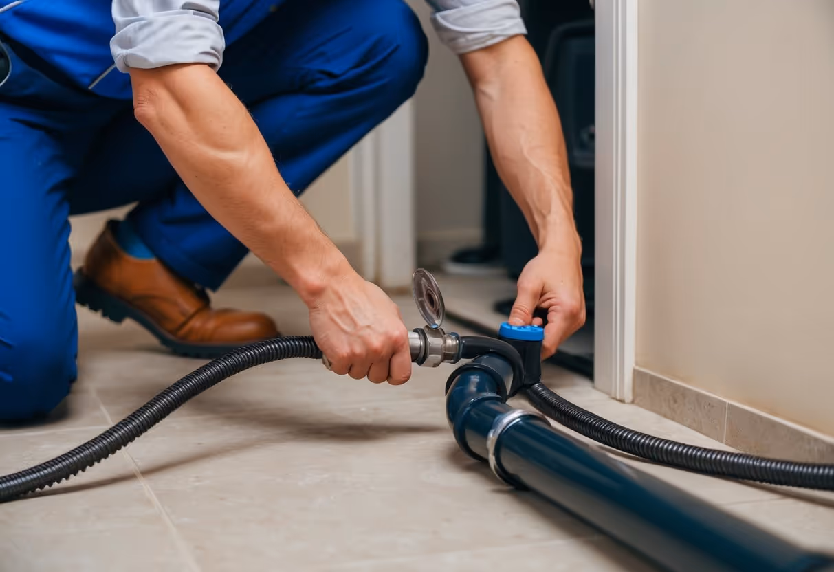 Um encanador usando uma serpentina para desentupir um cano em um porão residencial em Curitiba.