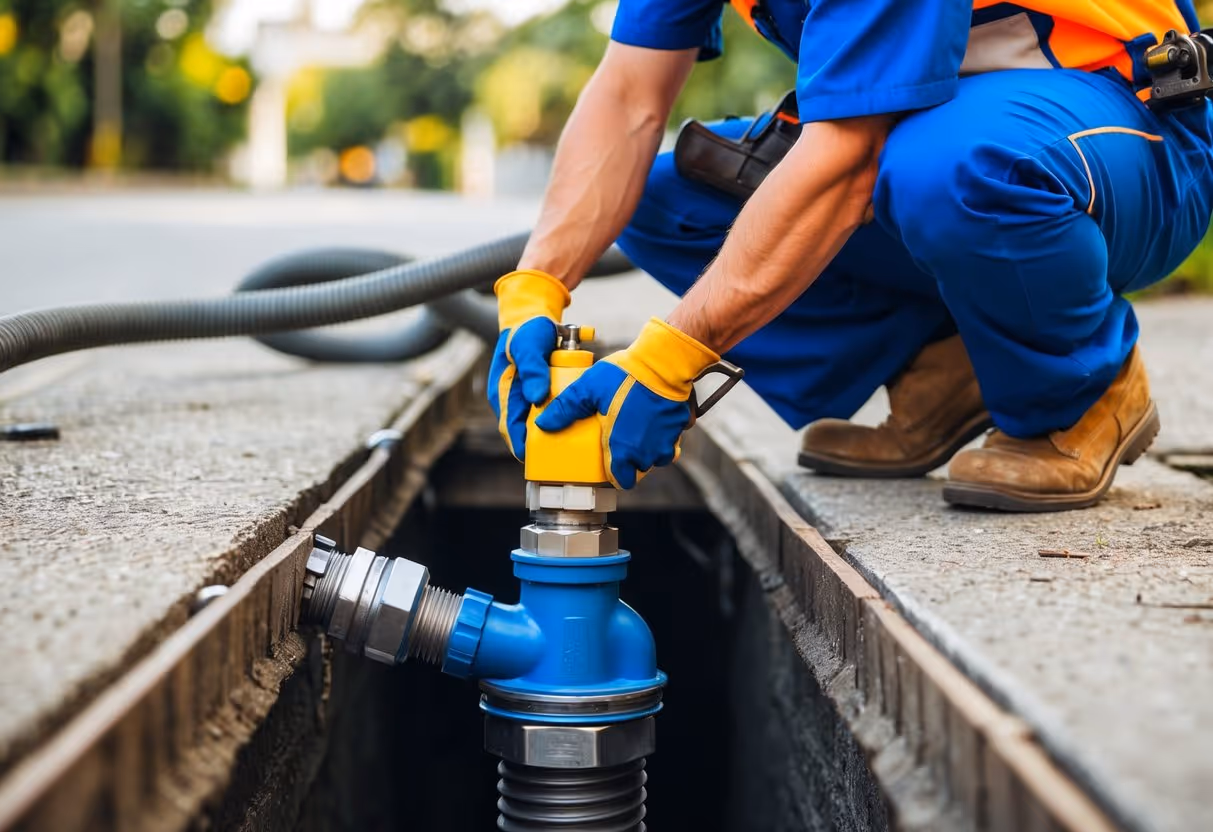 Um encanador profissional usando ferramentas especializadas para desentupir uma linha de esgoto em Curitiba, Brasil