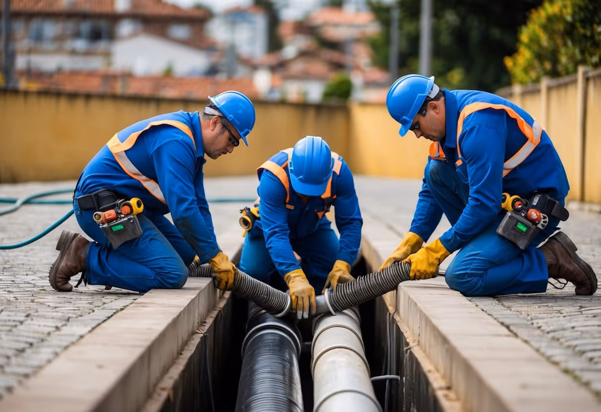 Uma equipe de trabalhadores usando equipamentos especializados para desobstruir linhas de esgoto entupidas em Curitiba