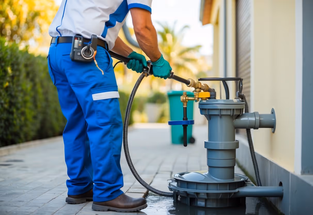 Um encanador usando equipamentos especializados para desobstruir um sistema de drenagem entupido em um edifício residencial ou comercial em Curitiba