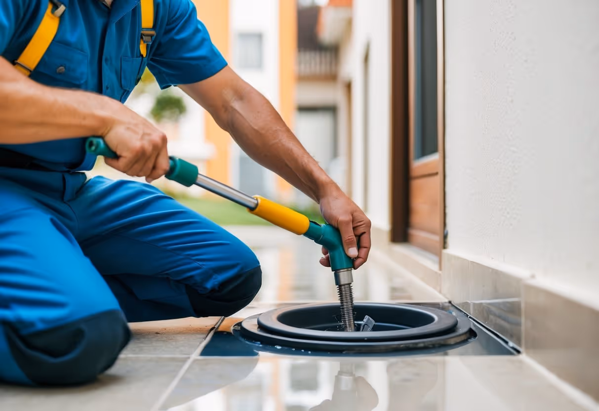 Um encanador usando uma ferramenta especializada para desobstruir um ralo entupido em um prédio residencial em Curitiba