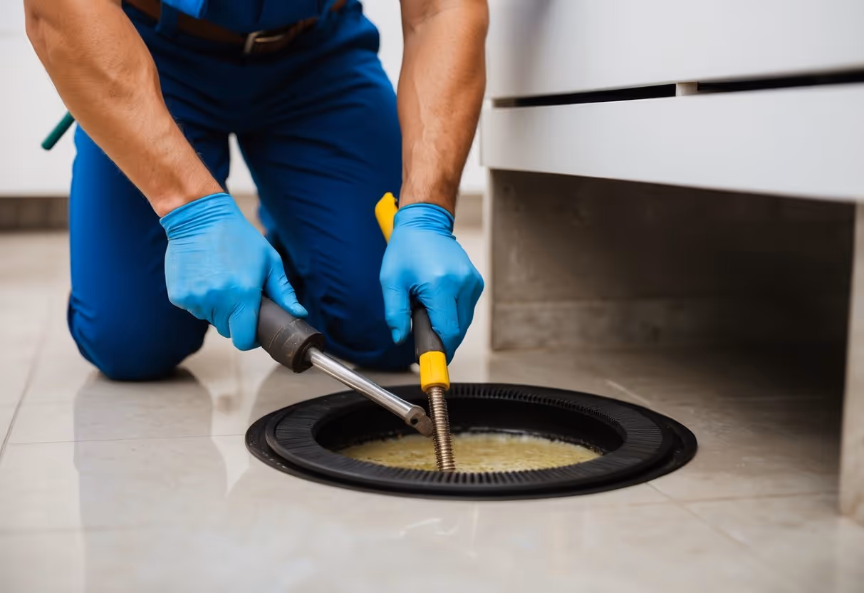 Um encanador usando ferramentas para desentupir um separador de gordura em Curitiba, Brasil