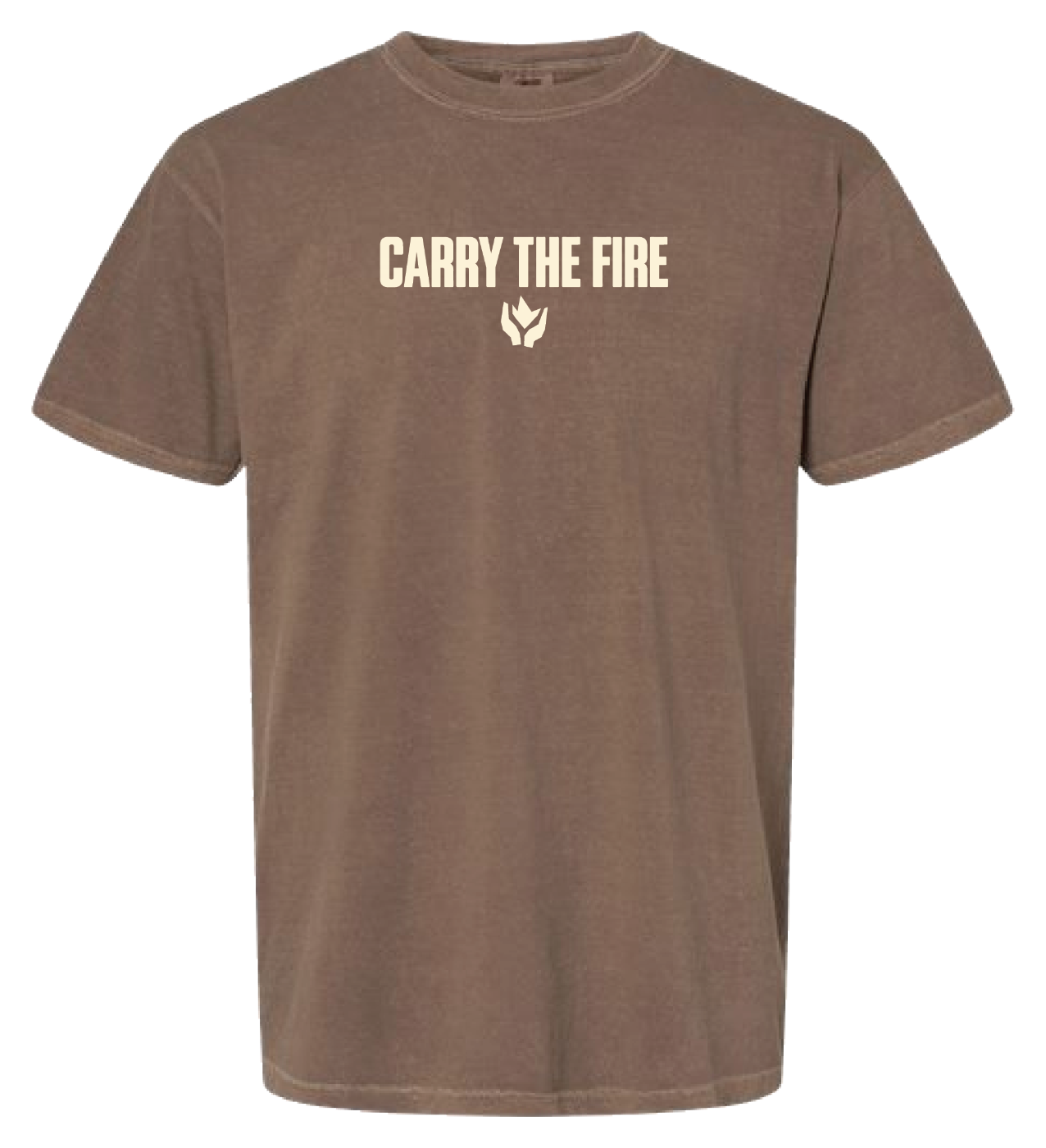 Espresso brown tee, front: Carry The Fire and the flame across the chest