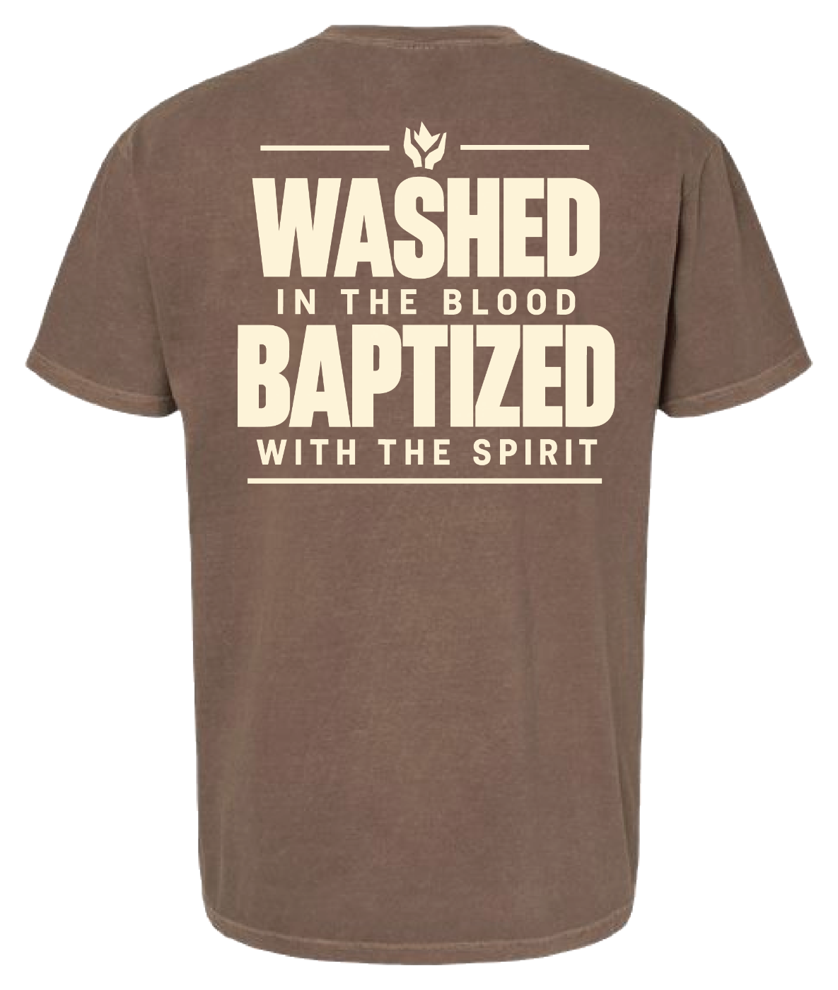 Espresso brown tee, back: Washed in the blood, baptized with the Spirit