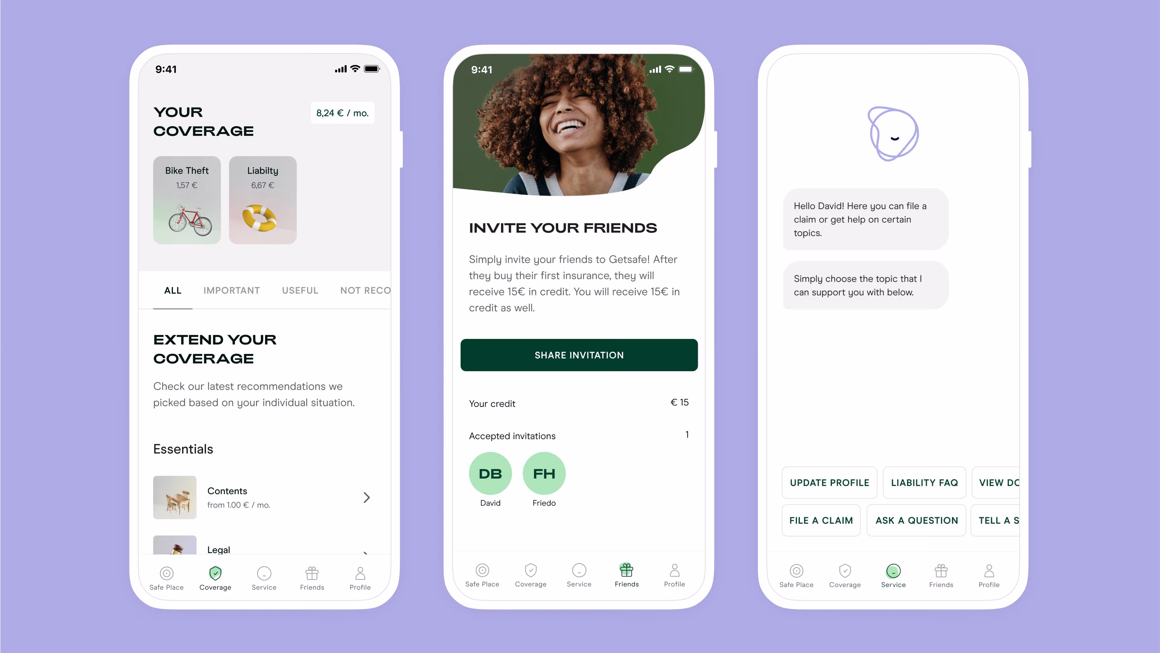 Screenshots from Getsafe app