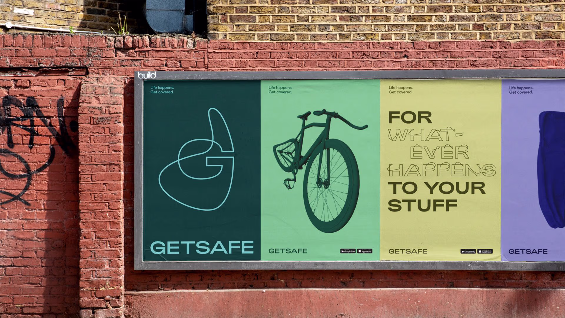 Getsafe-Anzeigen auf einer Ziegelsteinmauer
