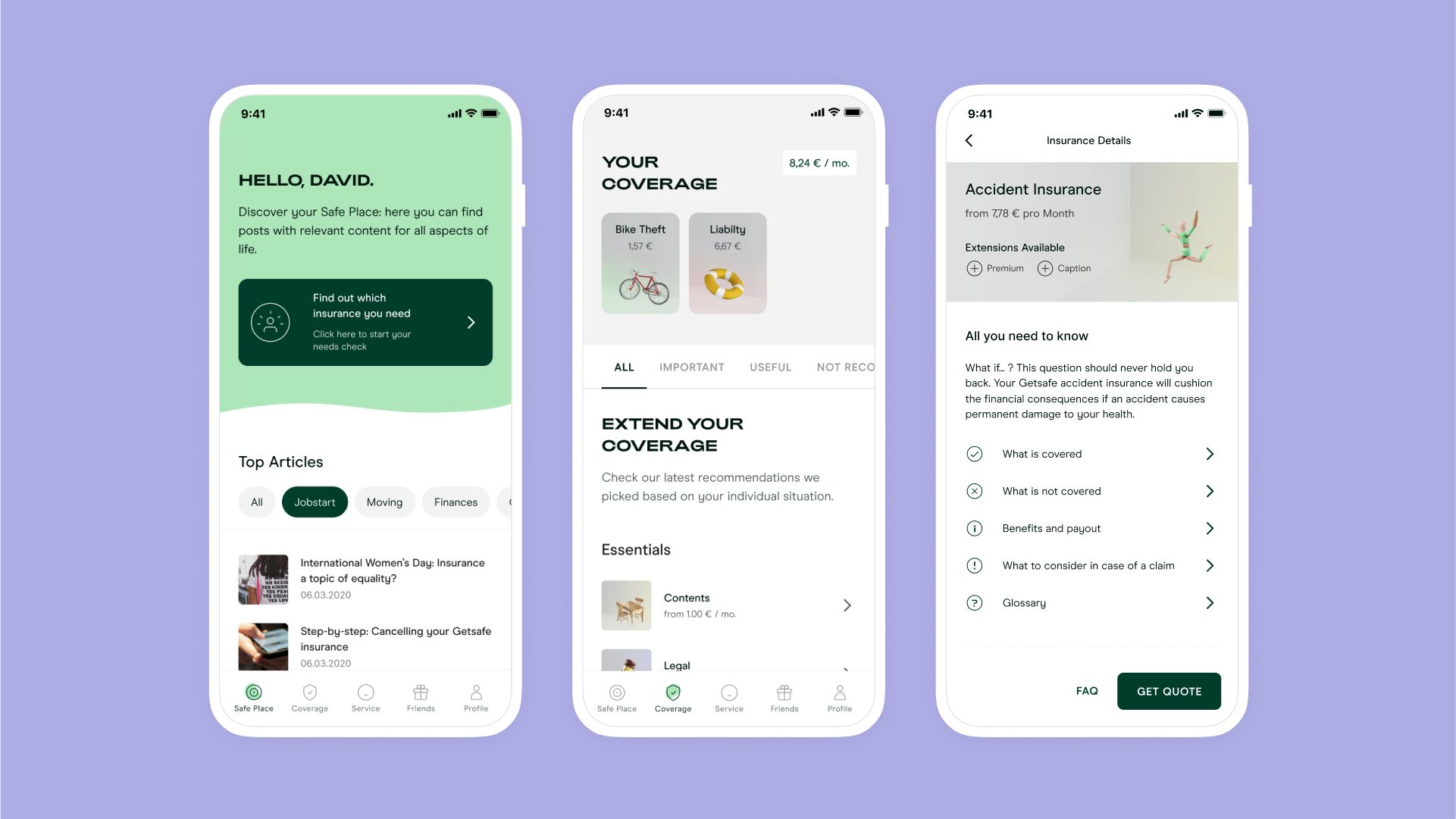 Three Screens from the Getsafe App