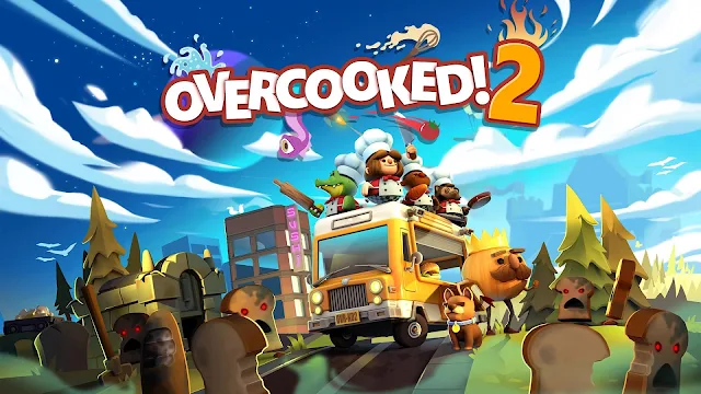 Colorful cartoon scene from Overcooked 2 featuring chefs on top of a food truck surrounded by zombie-like creatures in a forest.