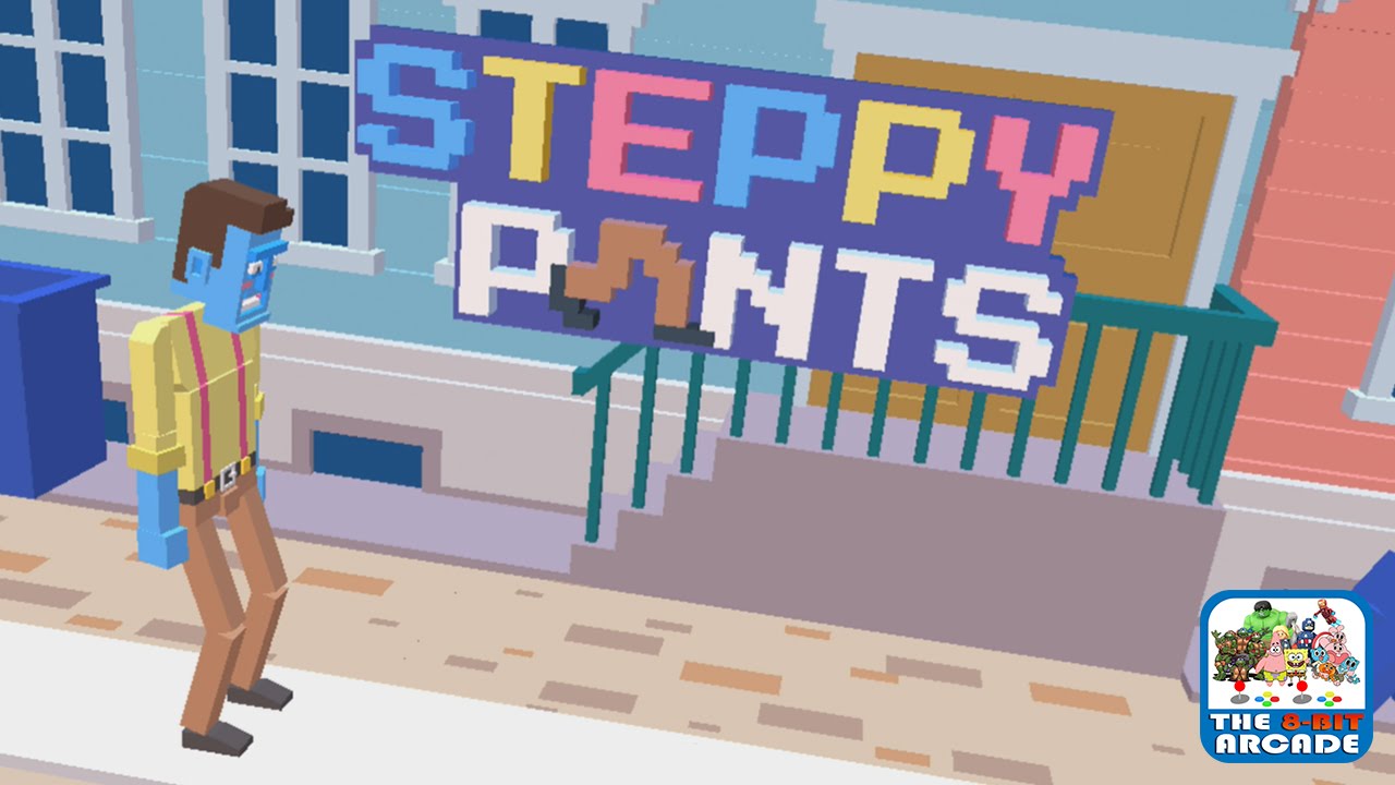 Pixel art style character with blue skin and brown pants standing on a sidewalk next to a colorful sign reading 'STEPPY PANTS'.