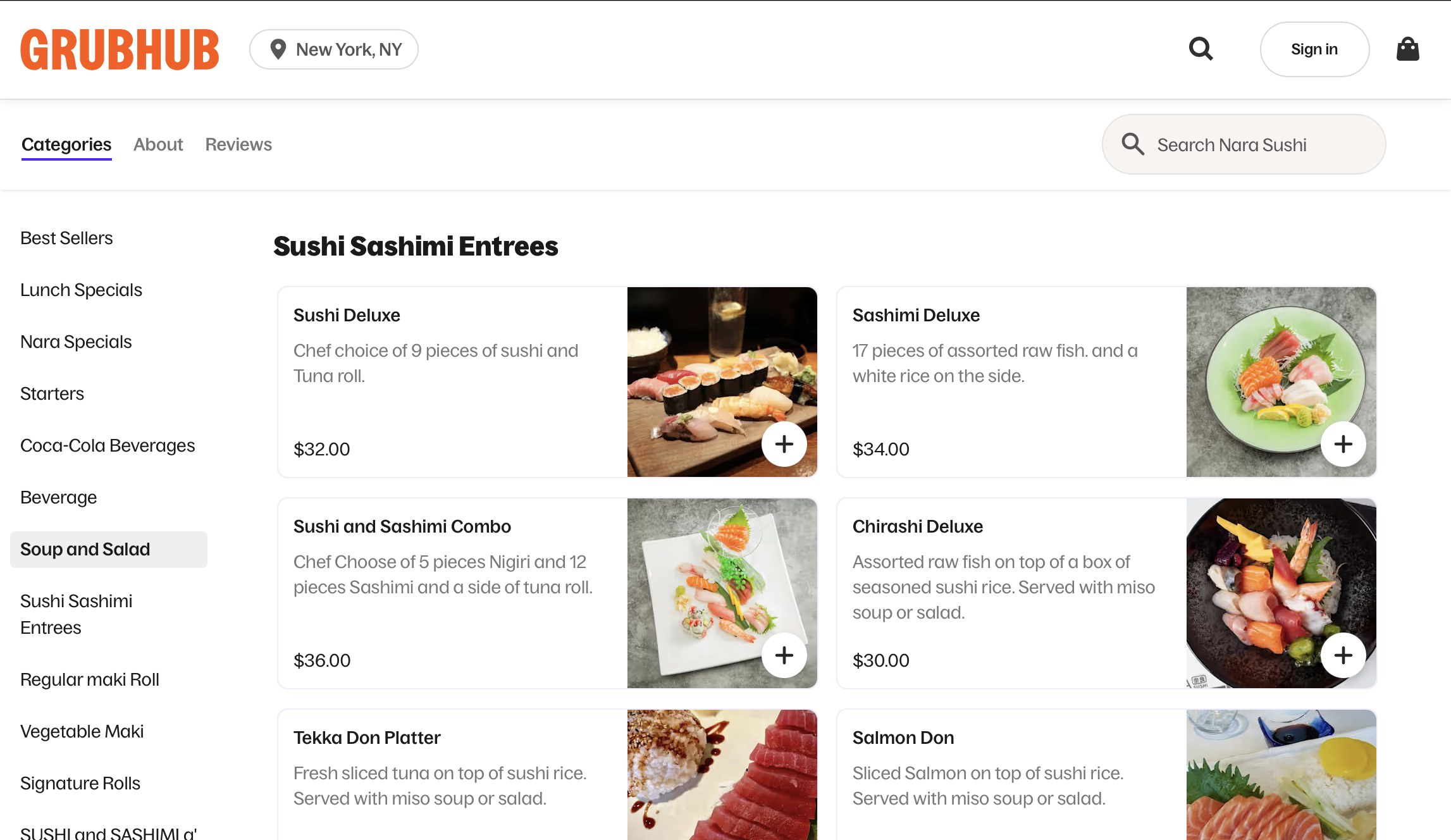Grubhub menu page showing sushi sashimi entree options including Sushi Deluxe, Sashimi Deluxe, Sushi and Sashimi Combo, and Chirashi Deluxe with images of sushi dishes.